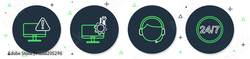 Set line Computer monitor service, Man with a headset, Monitor exclamation mark and Clock 24 hours icon. Vector