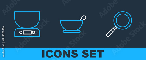 Set line Frying pan, Electronic scales and Mortar and pestle icon. Vector