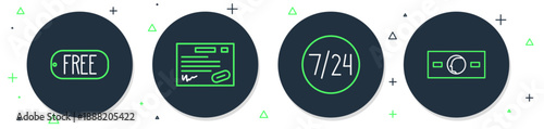 Set line Warranty certificate template, Clock 24 hours, Price tag with text Free and Paper money cash icon. Vector