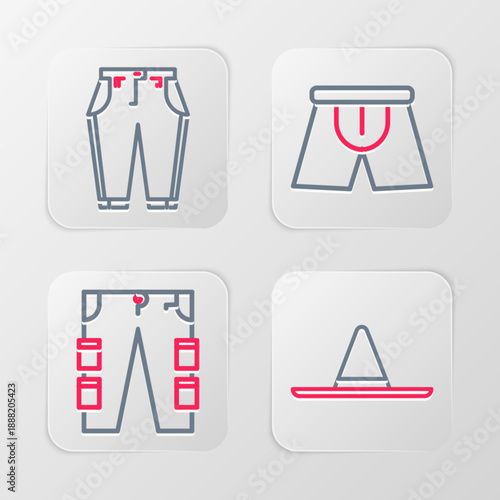 Set line Gardener worker hat, Cargo pants, Men underpants and Pants icon. Vector