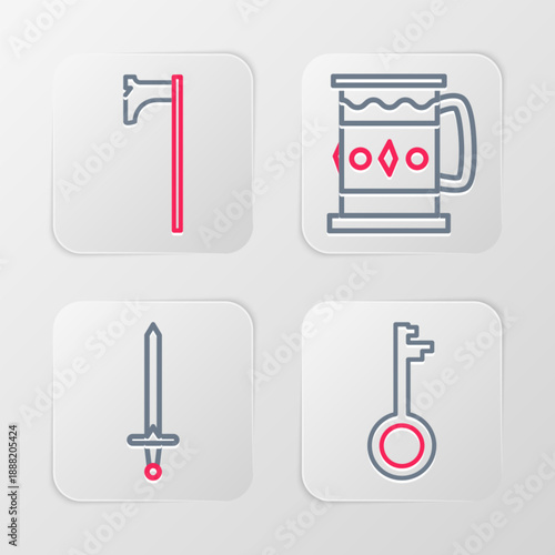 Set line Old key, Medieval sword, Wooden mug and axe icon. Vector