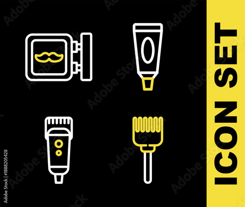 Set line Cream or lotion cosmetic tube, Hairbrush, Electrical hair clipper shaver and Barbershop icon. Vector