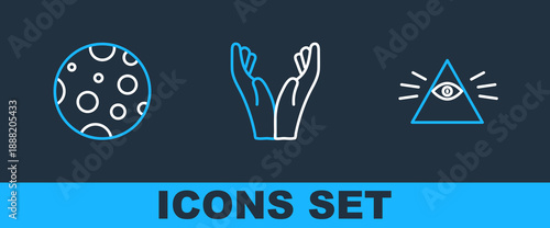 Set line Masons, Moon and Hands in praying position icon. Vector