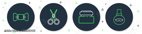 Set line Scissors hairdresser, Cream lotion cosmetic tube, Bow tie and Beard and mustaches care oil bottle icon. Vector