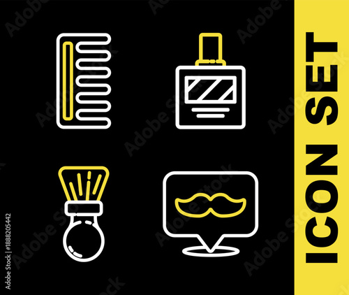 Set line Aftershave, Barbershop, Shaving brush and Hairbrush icon. Vector