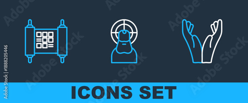 Set line Hands in praying position, Decree, paper, parchment, scroll and Jesus Christ icon. Vector