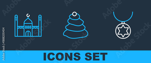 Set line Star of David necklace on chain, Muslim Mosque and Stack hot stones icon. Vector