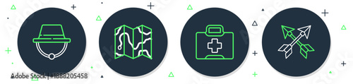 Set line Location of the forest on map, First aid kit, Camping hat and Crossed arrows icon. Vector