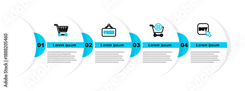 Set line Buy button, Remove shopping cart, Price tag with text Free and Shopping icon. Vector