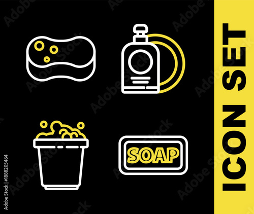 Set line Dishwashing liquid bottle and plate, Bar of soap, Bucket with suds and Sponge icon. Vector