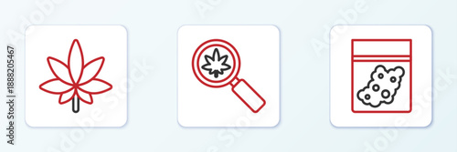 Set line Plastic bag of cannabis, Marijuana or leaf and Magnifying glass and marijuana icon. Vector