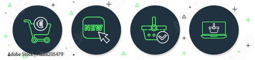 Set line Button with text New, Shopping basket check mark, cart and euro and laptop icon. Vector