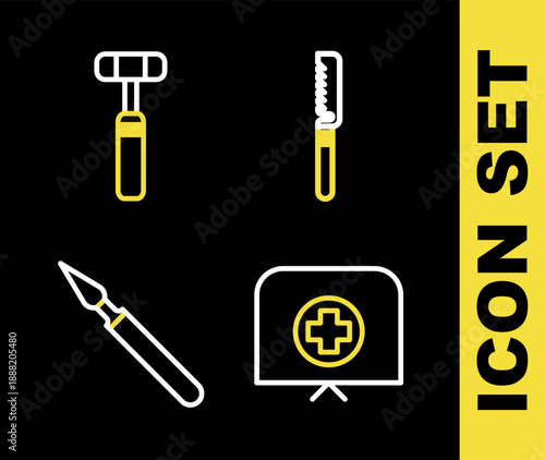 Set line Medical saw, Nurse hat with cross, surgery scalpel and Neurology reflex hammer icon. Vector