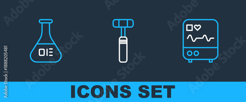 Set line Monitor with cardiogram, Test tube and flask and Neurology reflex hammer icon. Vector
