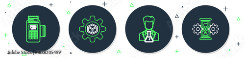 Set line Product development, Scientist and test tube, POS terminal and Hourglass gear icon. Vector