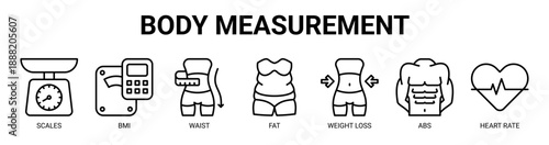 Body Measurement web banner icon vector illustration concept with icon of scales, bmi, waist, fat, weight loss, abs, and heart rate.