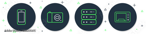 Set line Photo camera, Server, Data, Web Hosting, Smartphone and Microwave oven icon. Vector