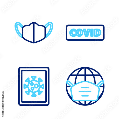 Set line Earth with medical mask, Virus statistics on monitor, Corona virus covid-19 and Medical protective icon. Vector