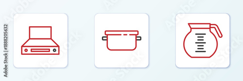 Set line Coffee pot, Kitchen extractor fan and Cooking icon. Vector