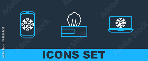 Set line Virus statistics on laptop, mobile and Wet wipe pack icon. Vector