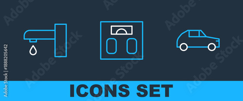 Set line Car, Water tap and Bathroom scales icon. Vector