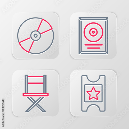 Set line Cinema ticket, Director movie chair, CD disk award frame and DVD icon. Vector