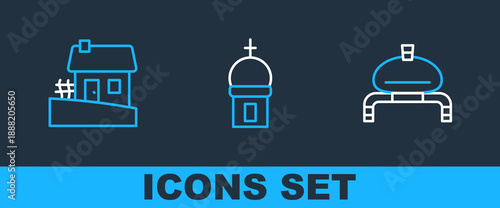 Set line Bread and salt, Ukrainian house and Church tower icon. Vector