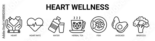 Heart Wellness web banner icon vector illustration concept with icon of heart, heart rate, water, herbal tea, fish, avocado, and broccoli.