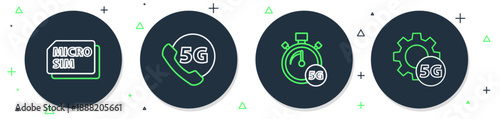 Set line Phone with 5G network, Digital speed meter, Micro Sim Card and Setting icon. Vector