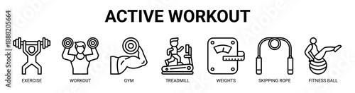 Active Workout web banner icon vector illustration concept with icon of exercise, workout, gym, treadmill, weights, skipping rope, and fitness ball.