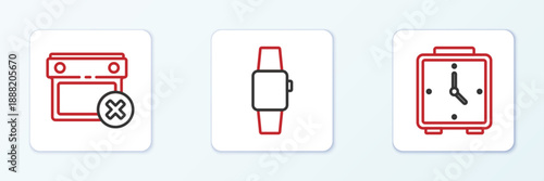 Set line Alarm clock, Calendar date delete and Smartwatch icon. Vector