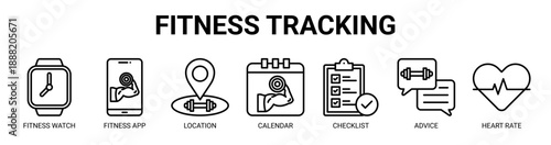 Fitness Tracking web banner icon vector illustration concept with icon of fitness watch, fitness app, location, calendar, checklist, advice, and heart rate.