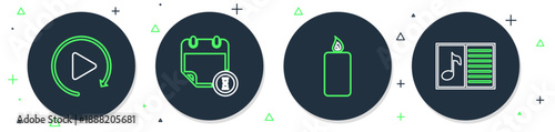 Set line Calendar and clock, Burning candle, Video play button and Music book with note icon. Vector