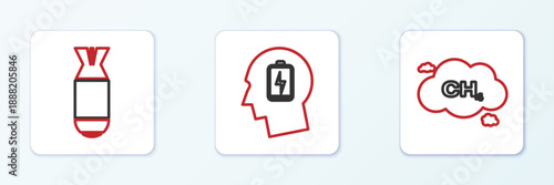 Set line Methane emissions reduction, Aviation bomb and Head with low battery icon. Vector