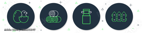 Set line Roll of hay, Can container for milk, Little chick cracked egg and Garden fence wooden icon. Vector