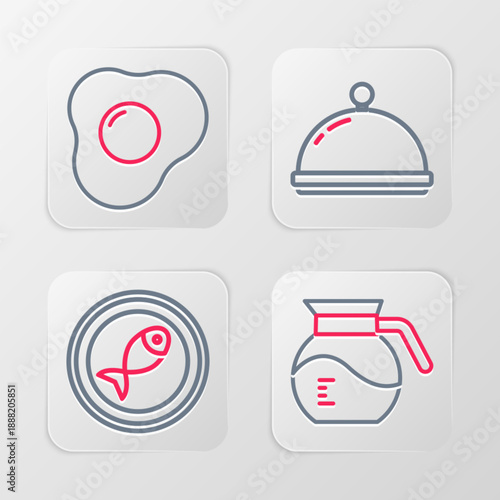 Set line Coffee pot, Served fish on a plate, Covered with tray and Scrambled eggs icon. Vector