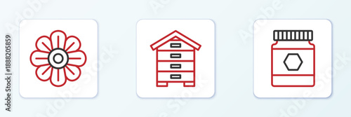 Set line Jar of honey, Flower and Hive for bees icon. Vector