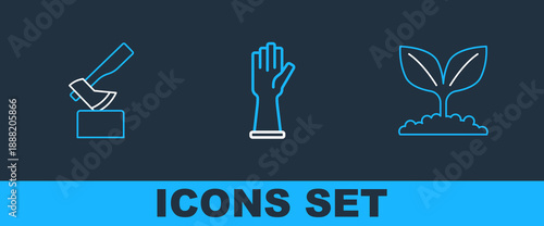 Set line Plant, Wooden axe and Rubber gloves icon. Vector