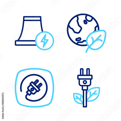 Set line Electric saving plug in leaf, Earth globe and and Nuclear power plant icon. Vector