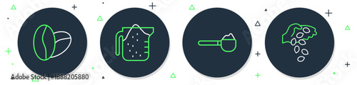 Set line Measuring cup, with flour, Coffee beans and Seed icon. Vector