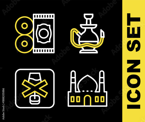 Set line Hookah, Muslim Mosque, No alcohol and Traditional carpet icon. Vector