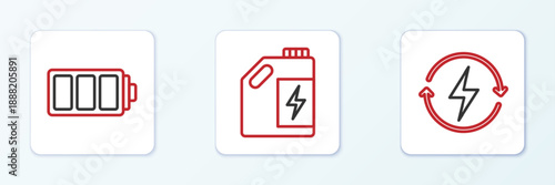 Set line Recharging, Battery and Eco fuel canister icon. Vector