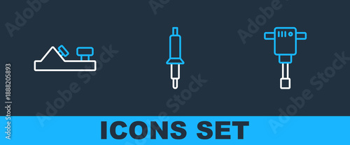 Set line Construction jackhammer, Wood plane tool and Soldering iron icon. Vector