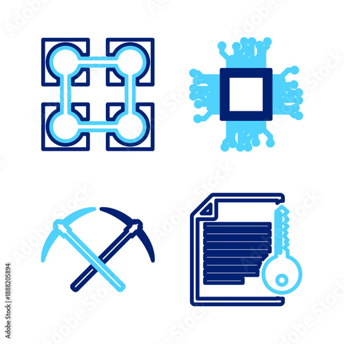 Set line Smart contract, Crossed pickaxe, Brain as digital circuit board and Blockchain technology icon. Vector