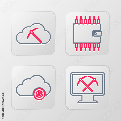 Set line Mining with monitor and pickaxe, Cryptocurrency cloud mining, wallet and icon. Vector