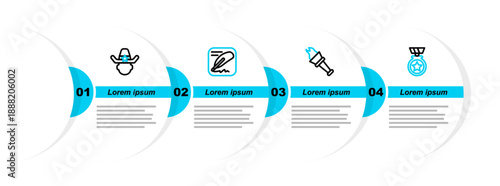 Set line Medal with star, Torch flame, Declaration of independence and Sheriff cowboy icon. Vector