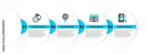 Set line Mobile stock trading, Burning dollar bill, Dollar rate decrease and Debt ball chained coin icon. Vector