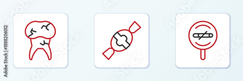 Set line No smoking, Tooth with caries and Candy icon. Vector