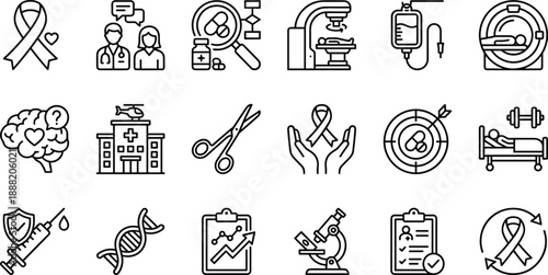 Cancer awareness icons, medical research symbols, healthcare line art, hospital equipment, oncology support, ribbon illustrations, diagnostic tools, treatment visuals, prevention graphics