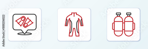 Set line Aqualung, Flippers for swimming and Wetsuit scuba diving icon. Vector